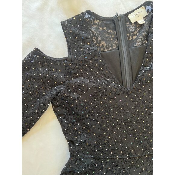Black Lace Cold Shoulder Dress With Rhinestone Detail Scalloped Hem & Zipper Clo - Picture 4 of 6